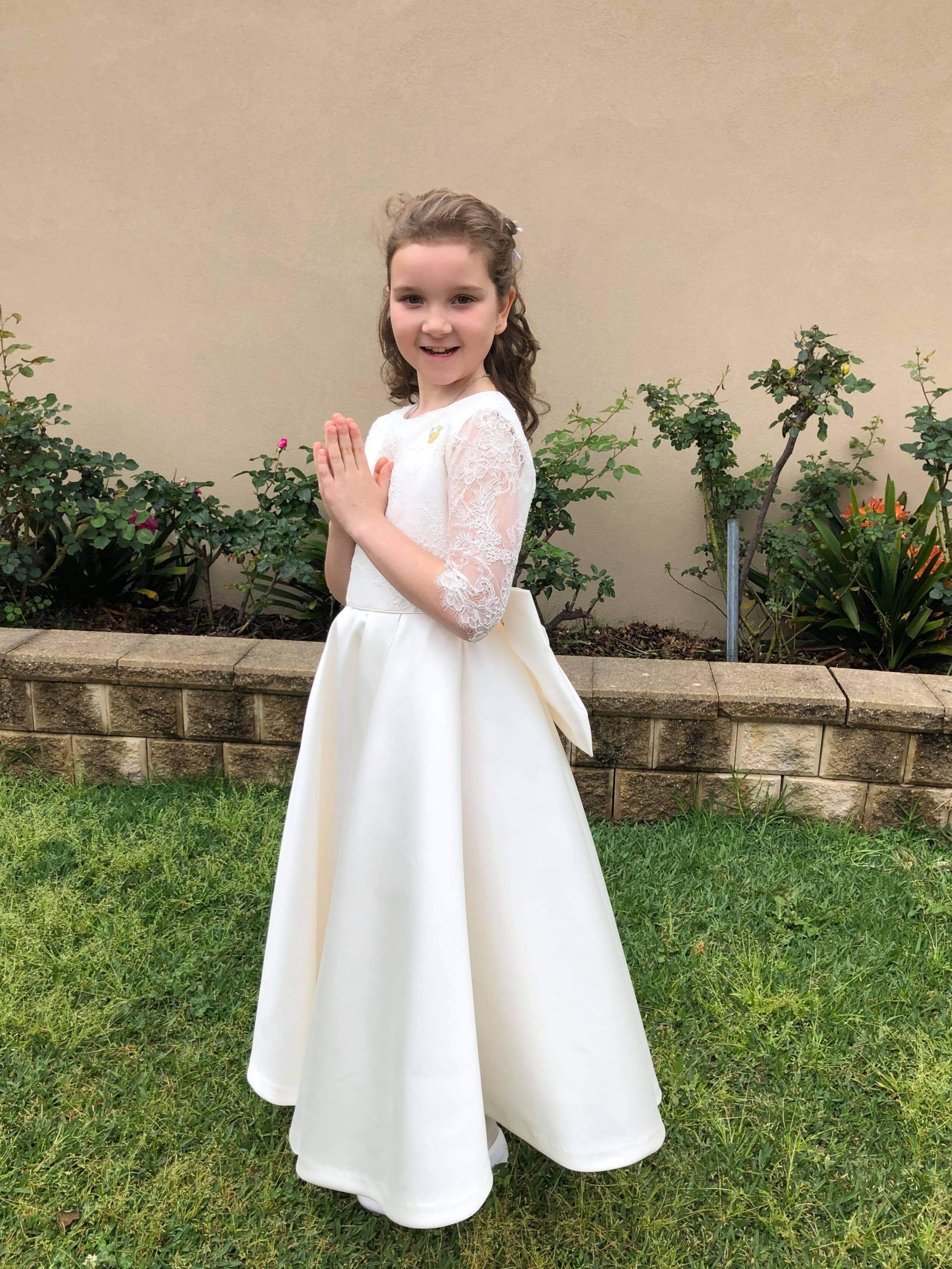 First Communion Dress 2305 Ball Gown Short Sleeves 3-D Flowers. – Sparkly  Gowns